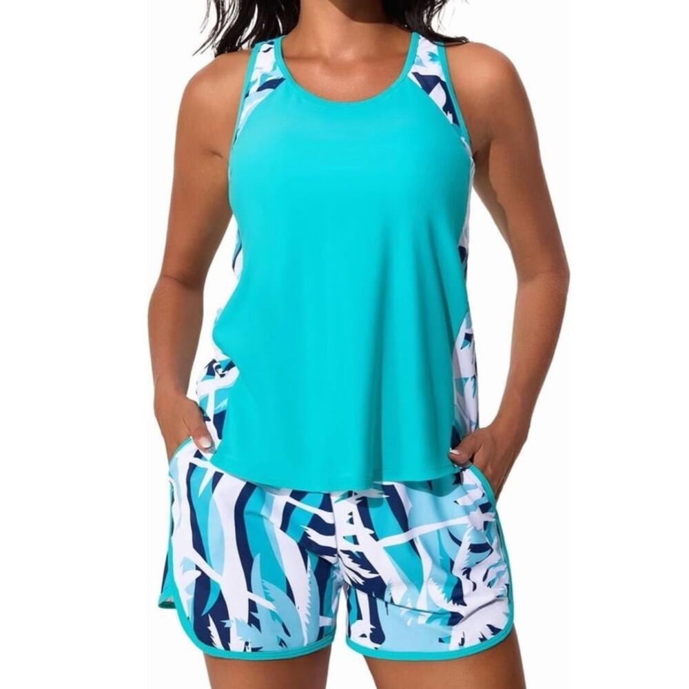 NWT ~ Aqua Tummy Control Tankini Two Piece Swimsuit & Pockets Swim Shorts ~ 12